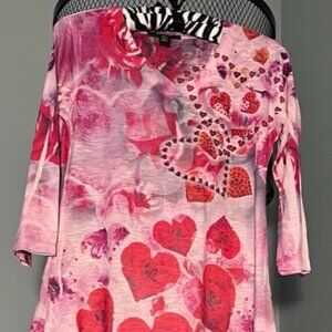 Style & Co Pink Red Hearts & Rhinestones V-Neck Size Size PS